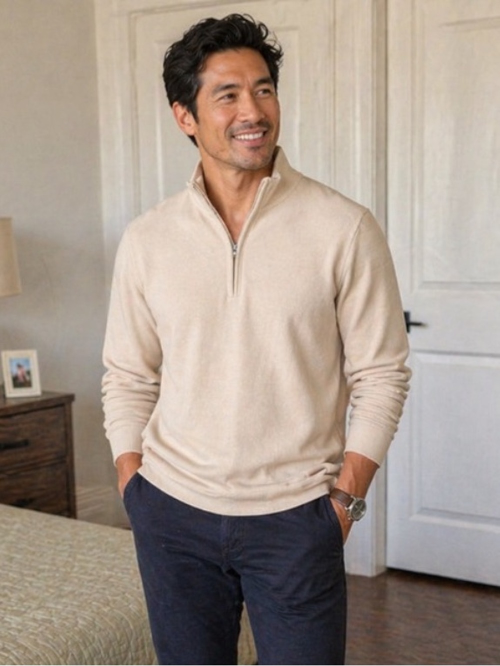 Van Heusen(flex) Beige Quarter-Zip Sweatshirt. Pullover. Classic fit Large.